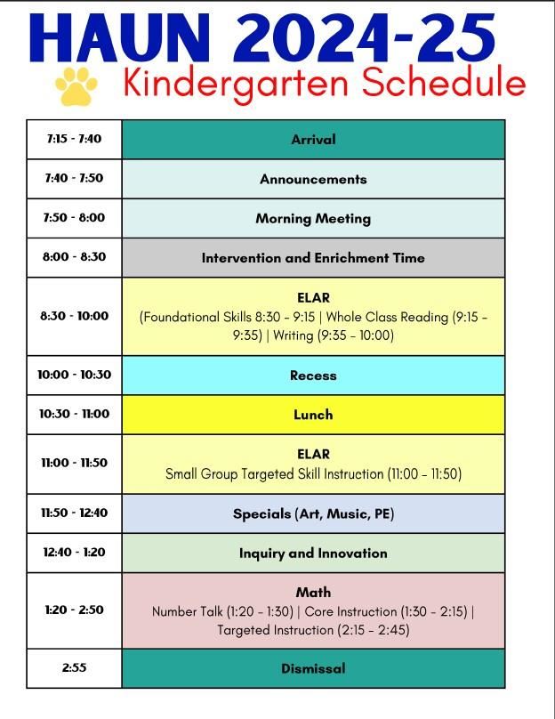 Kindergarten Daily Schedule